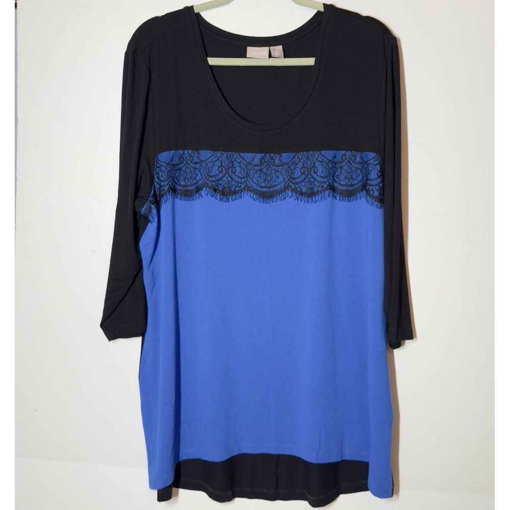 Chicos 3 Tunic Top Sz XL Blue Black Lace 3/4 Sleeve Soft Stretch‎ Dressy Comfort